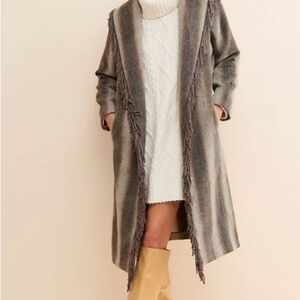 Line & Dot Striped Fringe Open-Front Long Cardigan - Gray & Cream